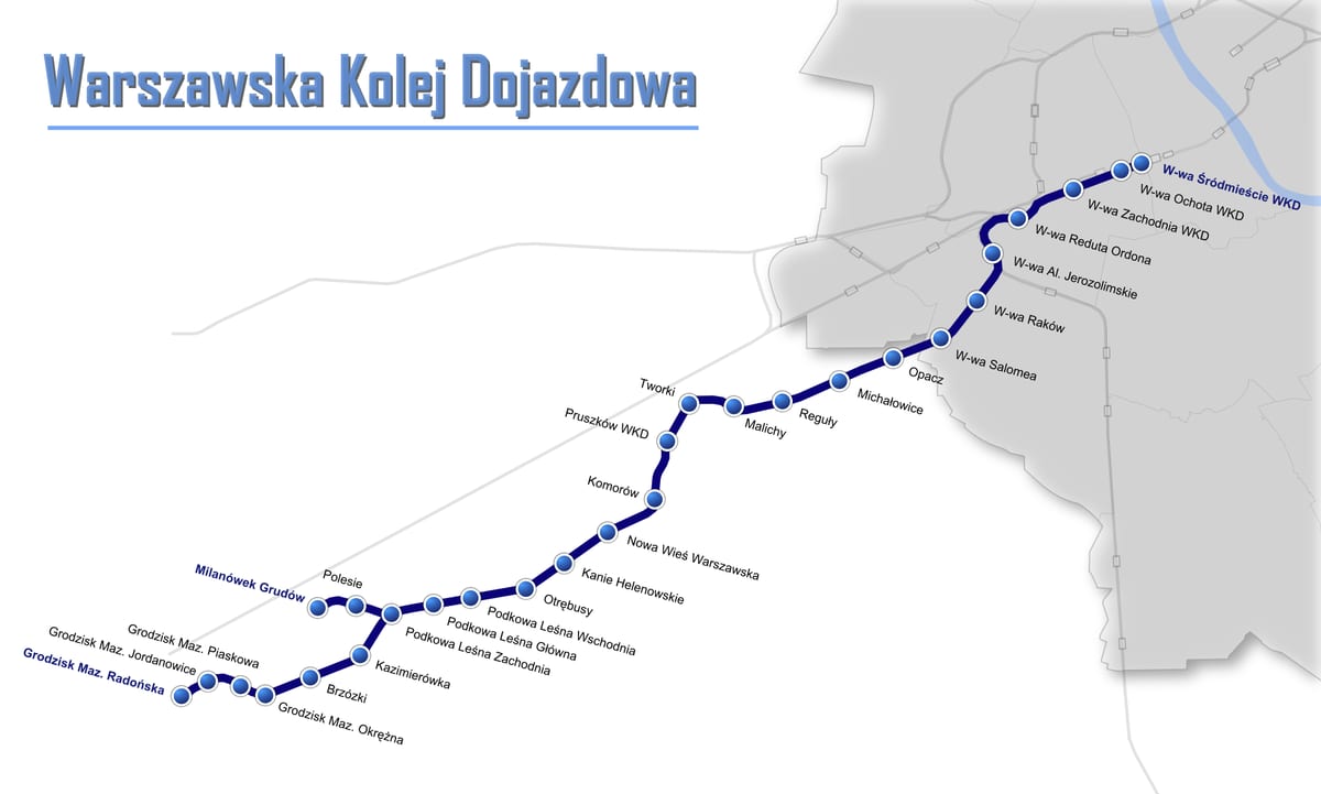 Карта сети WKD Варшавы: городские и пригородные поезда