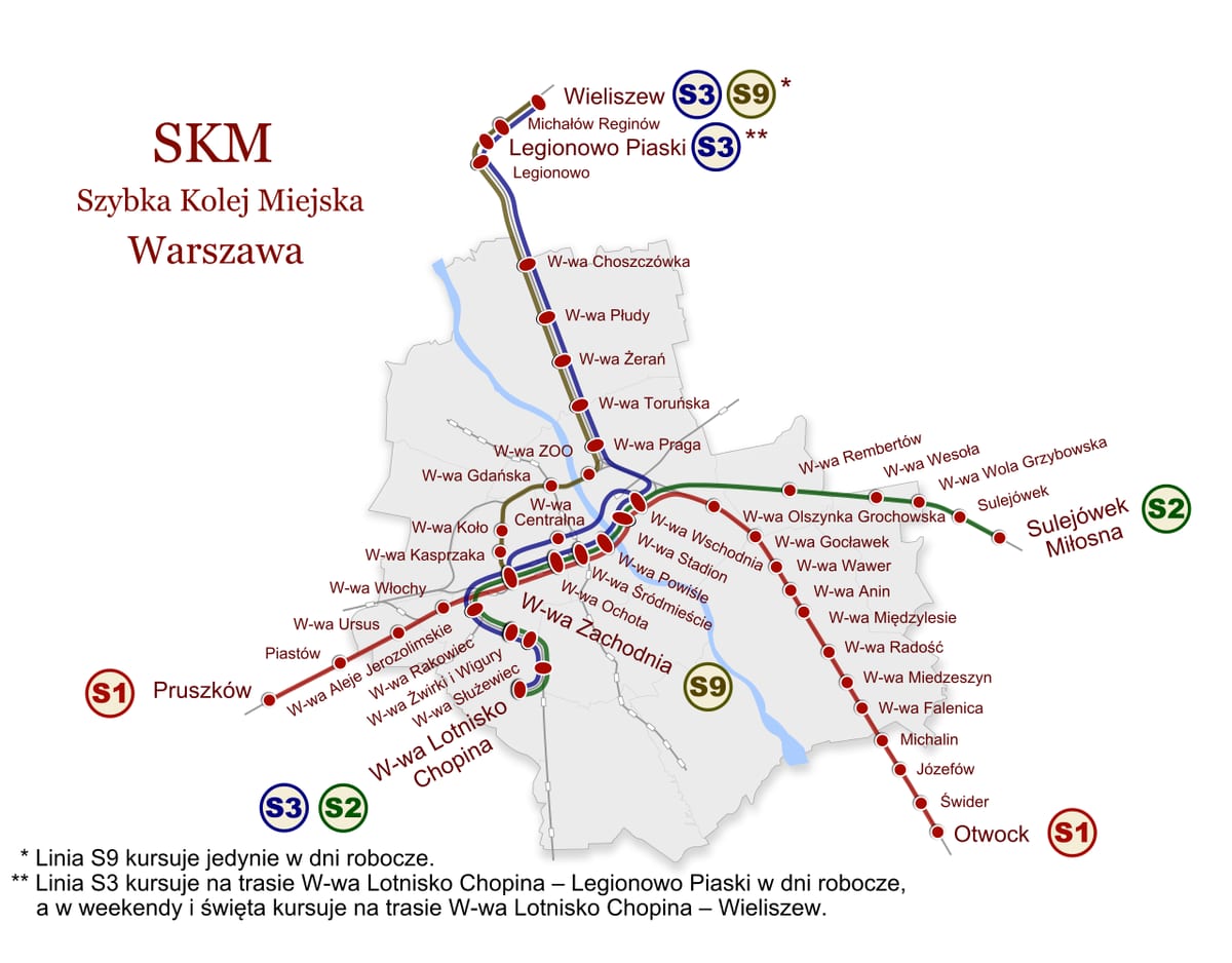 Карта сети SKM Варшавы: городские и пригородные поезда