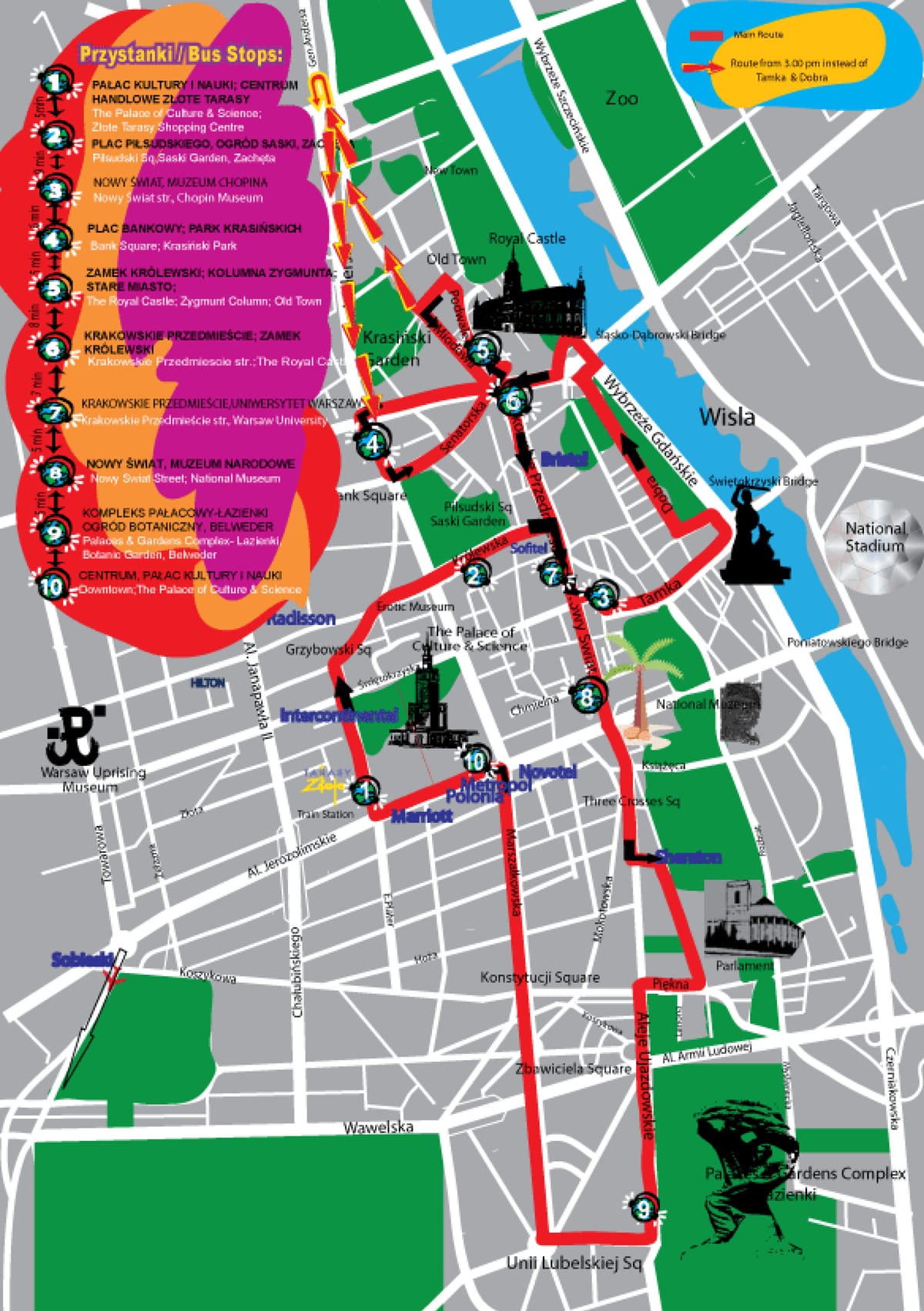Карта обзорного автобусного тура hop-on hop-off City Sightseeing по Варшаве